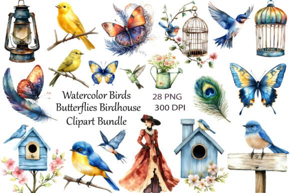 Watercolor Birds Butterflies Birdhouse: Elevating Digital Design with Vintage Nature Aesthetics