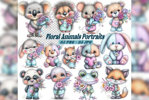 Whimsical Floral Animals Portraits Clipart