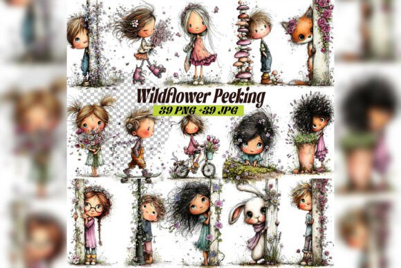 Whimsical Peeking Girl Clipart Set: Elevate Your Designs with Soft Watercolor Charm