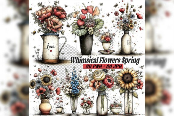Whimsical Spring Flowers Clipart Set